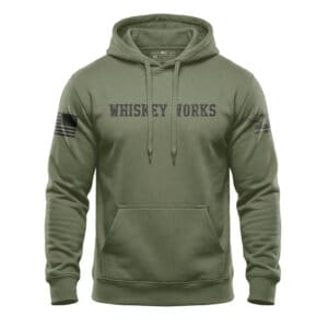 Whiskey Works hoodie with distressed bold lettering across the front chest
