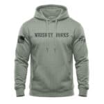 Comfortable sage hoodie with bold Whiskey Works lettering and American flag patch. Perfect for casua.