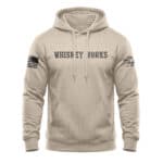 American flag and whiskey patch on sleeves, distressed bold lettering hoodie in sand color.