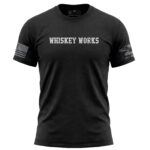 Black Whiskey Works T-Shirt with distressed lettering, small size.