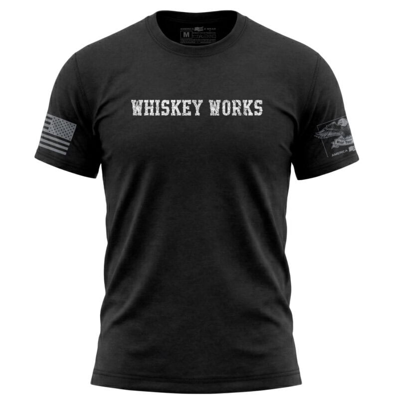 Black Whiskey Works T-Shirt with distressed lettering, small size.