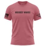Distressed Whiskey Works T-Shirt in Dusty Rose with bold lettering and patches.