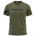 Whiskey Works t-shirt with distressed bold lettering across the front chest