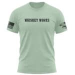 Mint Whiskey Works T-Shirt with bold distressed lettering and patriotic sleeve design.