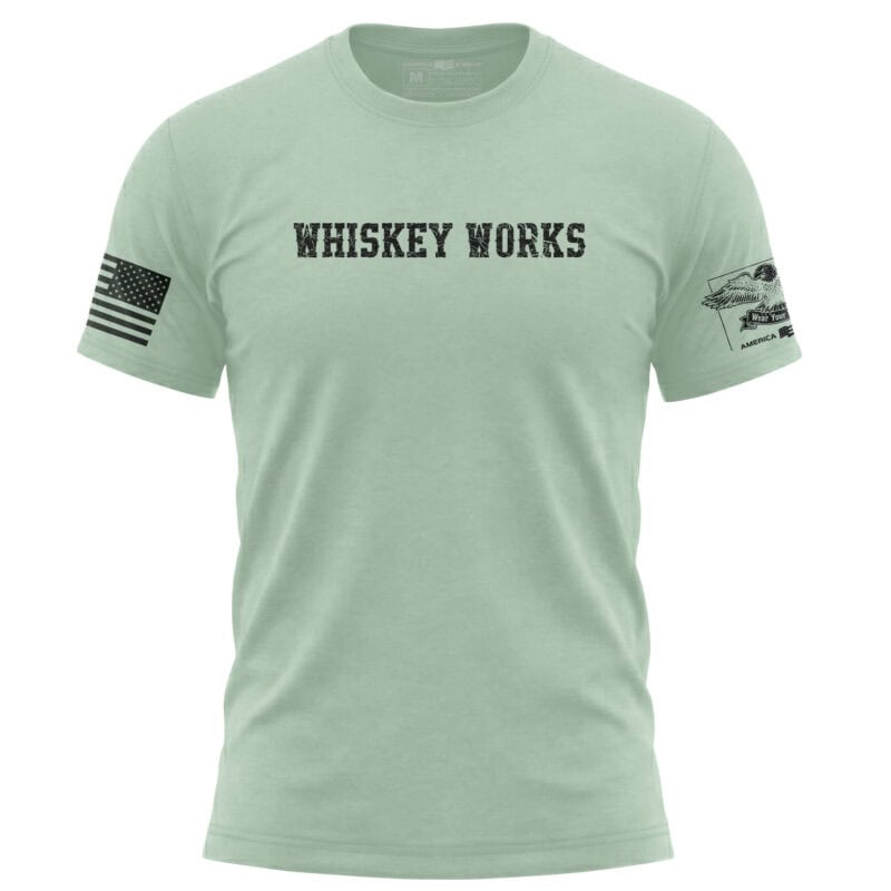 Mint Whiskey Works T-Shirt with bold distressed lettering and patriotic sleeve design.
