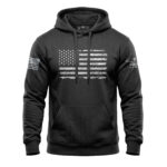 American flag hoodie with a vintage distressed design in black and white. Perfect for patriotic and.