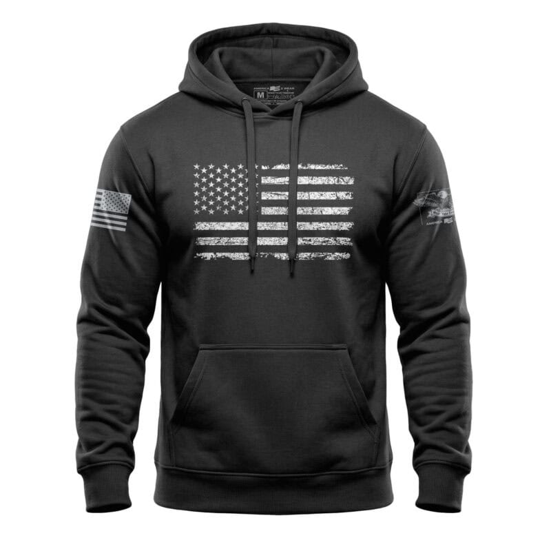 American flag hoodie with a vintage distressed design in black and white. Perfect for patriotic and.