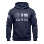 Patriotic distressed American flag hoodie in navy, perfect for showing national pride. Small size wi.