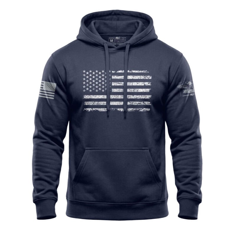 Patriotic distressed American flag hoodie in navy, perfect for showing national pride. Small size wi.