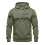 American flag hoodie with distressed design, patriotic style, military green color, perfect for casu.