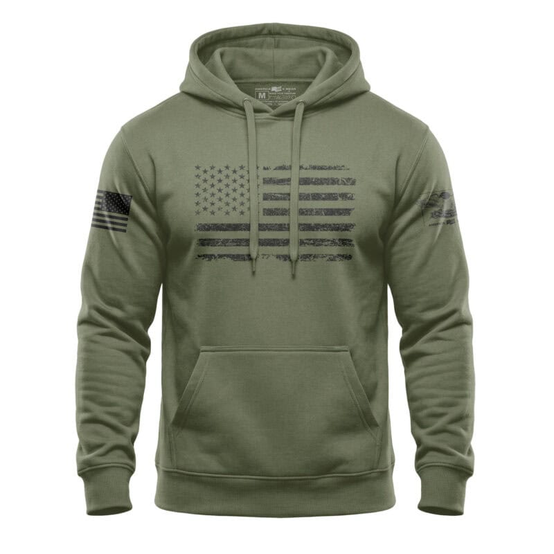 American flag hoodie with distressed design, patriotic style, military green color, perfect for casu.