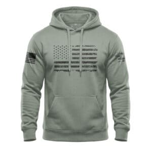 Distressed American flag hoodie with one-color horizontal front chest graphic