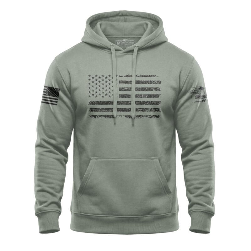 Distressed American flag hoodie with one-color horizontal front chest graphic