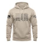 American flag hoodie with distressed design, patriotic style, and comfortable fleece fabric.