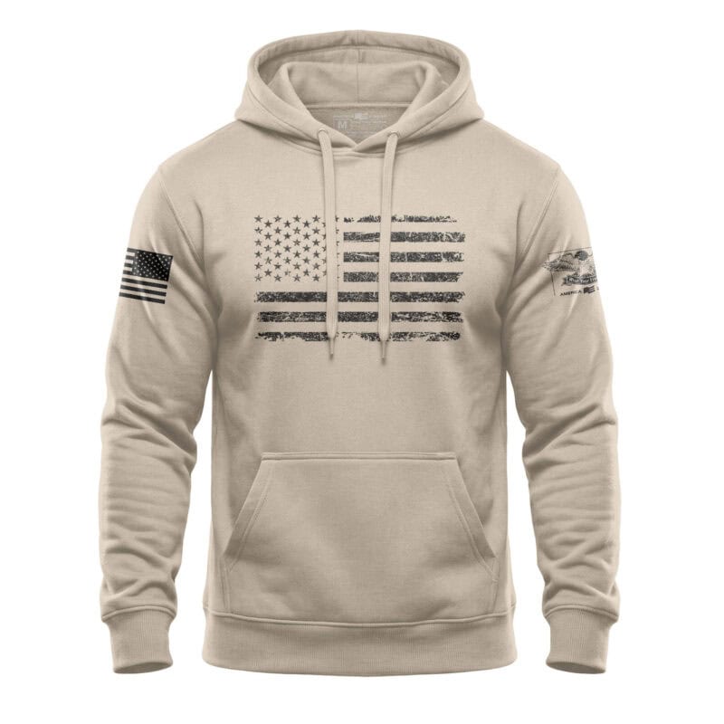 American flag hoodie with distressed design, patriotic style, and comfortable fleece fabric.