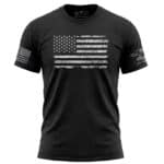 American flag distressed design on black t-shirt, patriotic casual wear for men.
