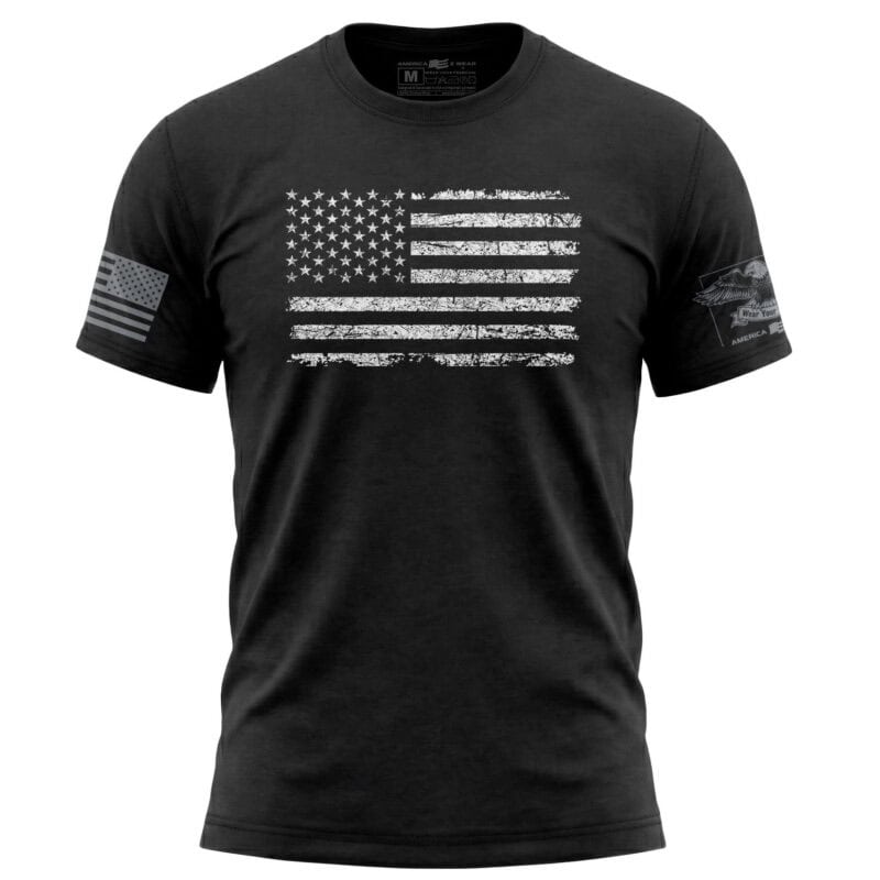 American flag distressed design on black t-shirt, patriotic casual wear for men.