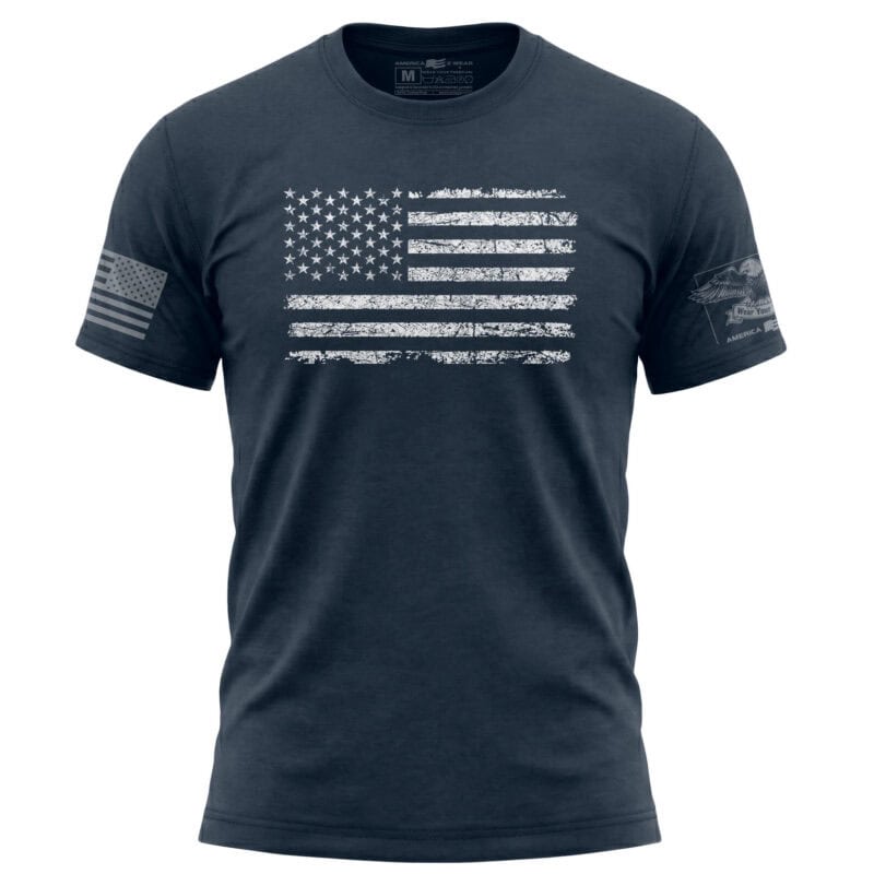 American Flag distressed design on navy tee.