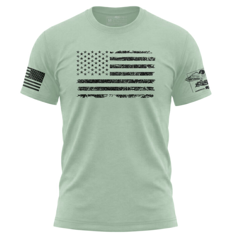 American flag distressed design on mint T-shirt, patriotic casual wear.
