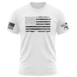 Patriotic distressed American flag T-shirt, white, small size, perfect for showing national pride.