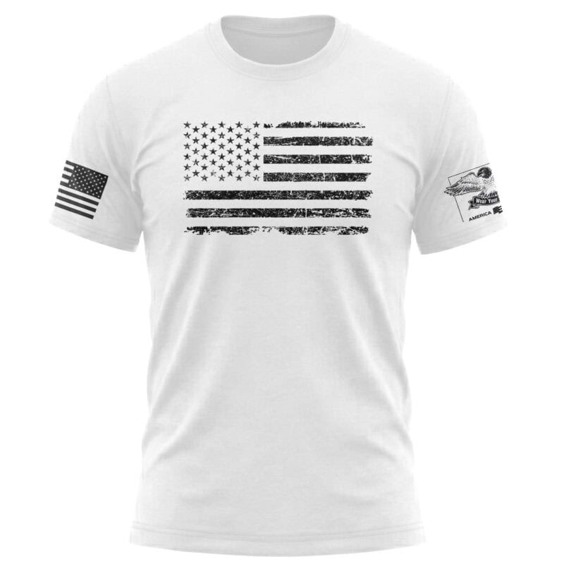 Patriotic distressed American flag T-shirt, white, small size, perfect for showing national pride.