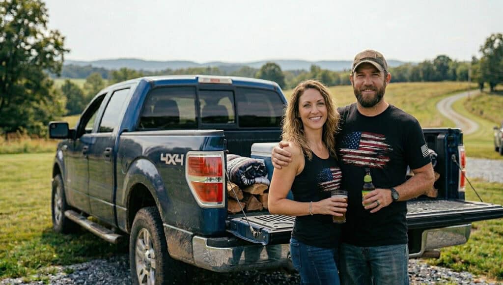 Happy couple wearing American flag-themed shirts outdoors with a pickup truck in the background.