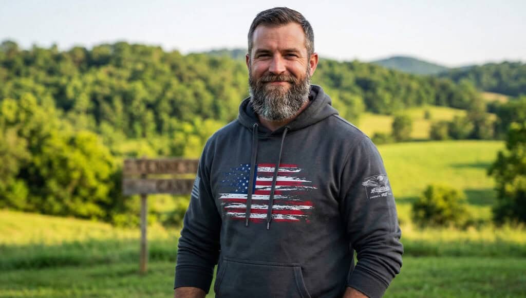Man outdoors wearing a hoodie with an American flag design, celebrating patriotic gifts for men in 2.