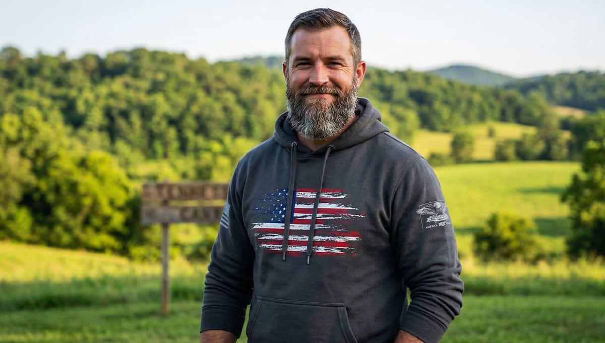 Man outdoors wearing a hoodie with an American flag design, celebrating patriotic gifts for men in 2.