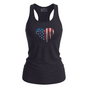 Patriotic American flag heart graphic tank top for women, black, small size.