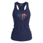 Patriotic women's tank top featuring a heart-shaped American flag with a dripping paint effect, navy.