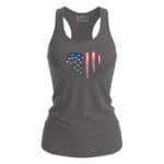 Patriotic American flag heart graphic tank top for women. Charcoal color, small size, perfect for In.