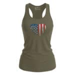 Patriotic heart graphic tank top with American flag design, military green color, perfect for patrio.