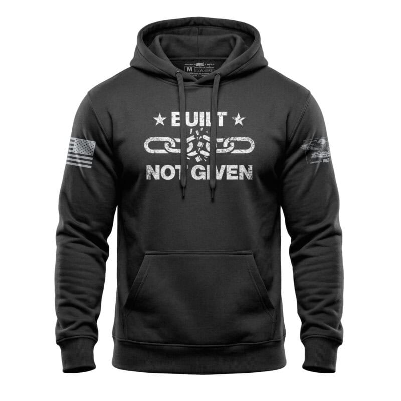 Patriotic hoodie featuring a broken chain design with "Built Not Given" text, perfect for American p.