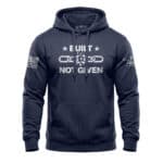Patriotic hoodie featuring a broken chain design with "Built Not Given" text, navy fleece, perfect f.