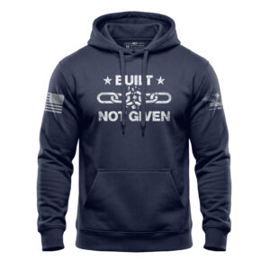 Patriotic hoodie featuring a broken chain design with "Built Not Given" text, navy fleece, perfect f.