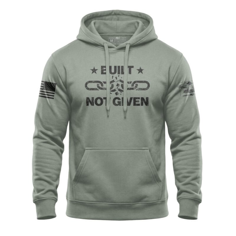 Built Not Given hoodie with patriotic American flag patches, broken chain design, and fleece materia.