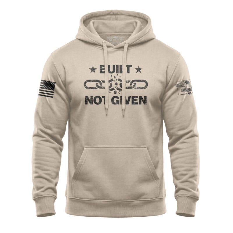 Patriotic hoodie featuring a broken chain design with "Built Not Given" text, perfect for American p.