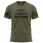 Patriotic military green T-shirt with "Built Not Given" slogan and broken chain graphic, perfect for.