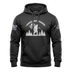 Patriotic Bigfoot hoodie with American flag and forest design, perfect for outdoor enthusiasts.