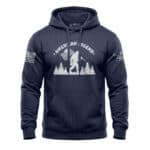 Hoodie featuring Bigfoot and patriotic American flag design in navy fleece, perfect for outdoor and.