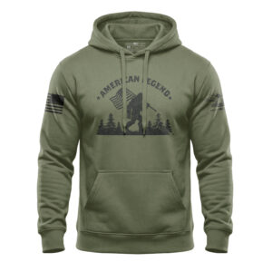 American Legend Bigfoot american flag Hoodie with patriotic flag design in military green, perfect for outdoor ent.