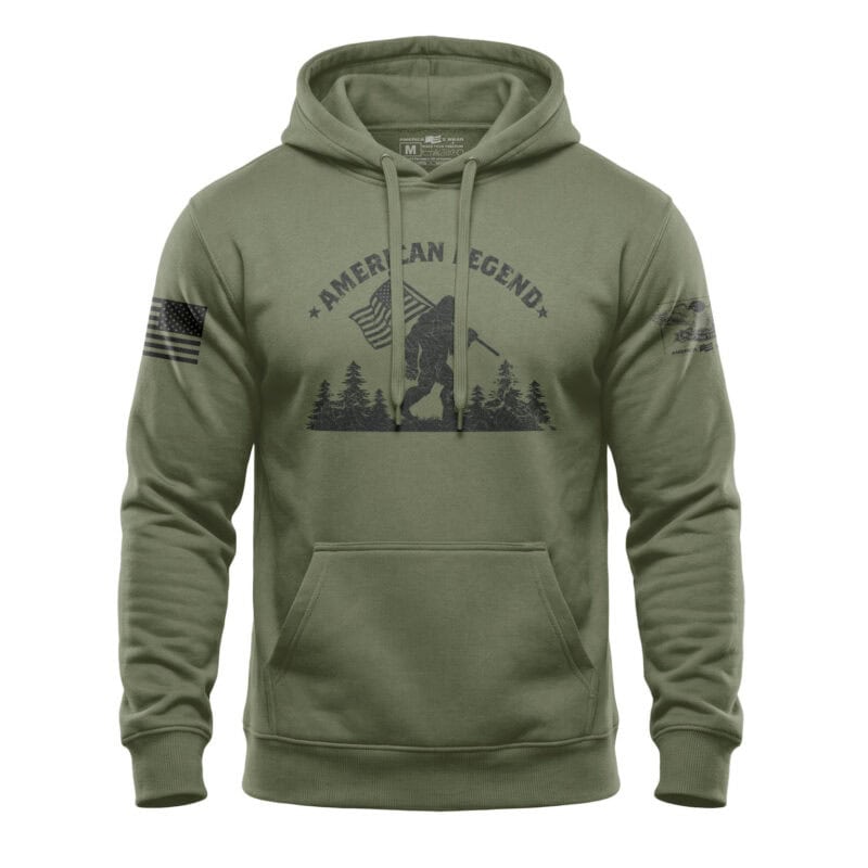 American Legend Bigfoot american flag Hoodie with patriotic flag design in military green, perfect for outdoor ent.