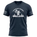 Patriotic Bigfoot T-Shirt with American Flag and Forest Design in Navy.