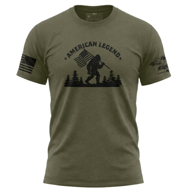 Patriotic Bigfoot Sasquatch T-Shirt in military green, small size.