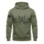 Eagle emblem hoodie celebrating 250 years of American independence in military green.