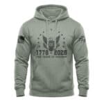 Eagle emblem hoodie celebrating 250 years of American independence, in sage color.