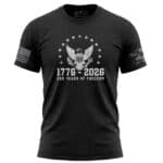 Eagle and American flag design on black 1776-2026 Freedom Tee.