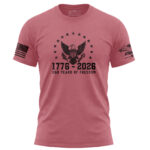 Eagle and American flag design on Dusty Rose T-shirt celebrating 250 years of American freedom.