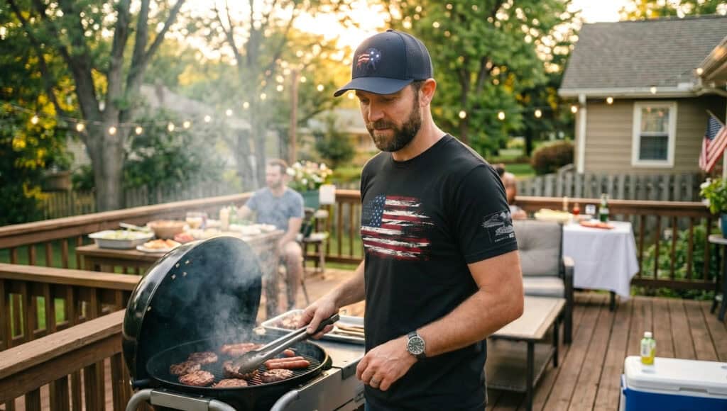 Man grilling burgers outdoors with American flag-themed shirt during summer BBQ.