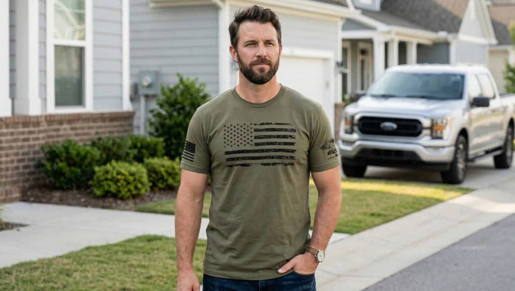 Man wearing minimalist American flag T-shirt outdoors in suburban neighborhood.